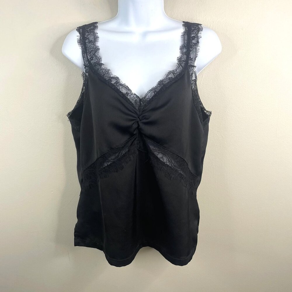 Y2K Tank Top Womens Large Babydoll Satin Silky Cami Sheer Panel Lace Trim Party‎